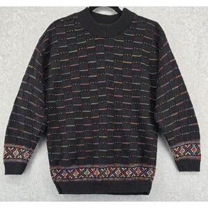 Vtg 3D Black Multicolor Sweater Women Sz 40 Large Acrylic 80s‎ New Wave Rose USA